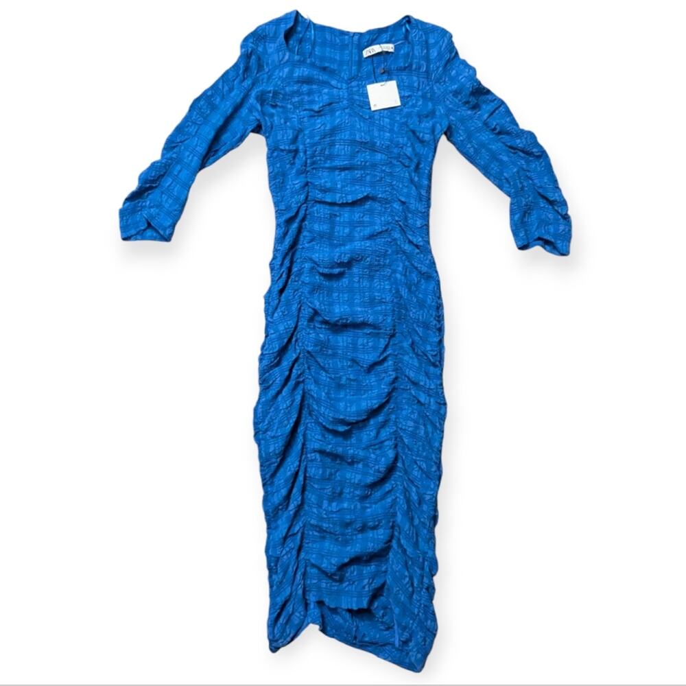 NWT Zara The Ann Blue Textured Stretch Midi Dress Size Medium Whimsy Fairey Ruch